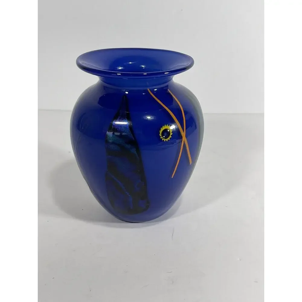 KEN & INGRID HANSON Signed Hand‎ Blown Cobalt Blue Art Glass Hand Painted Vase
